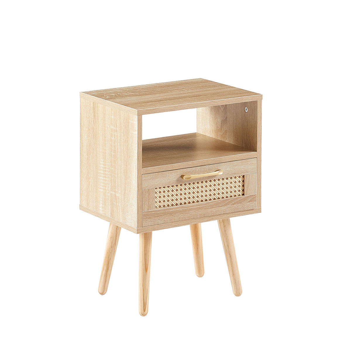 15.75" Rattan End table with drawer and solid wood legs Modern nightstand side table for living room natural