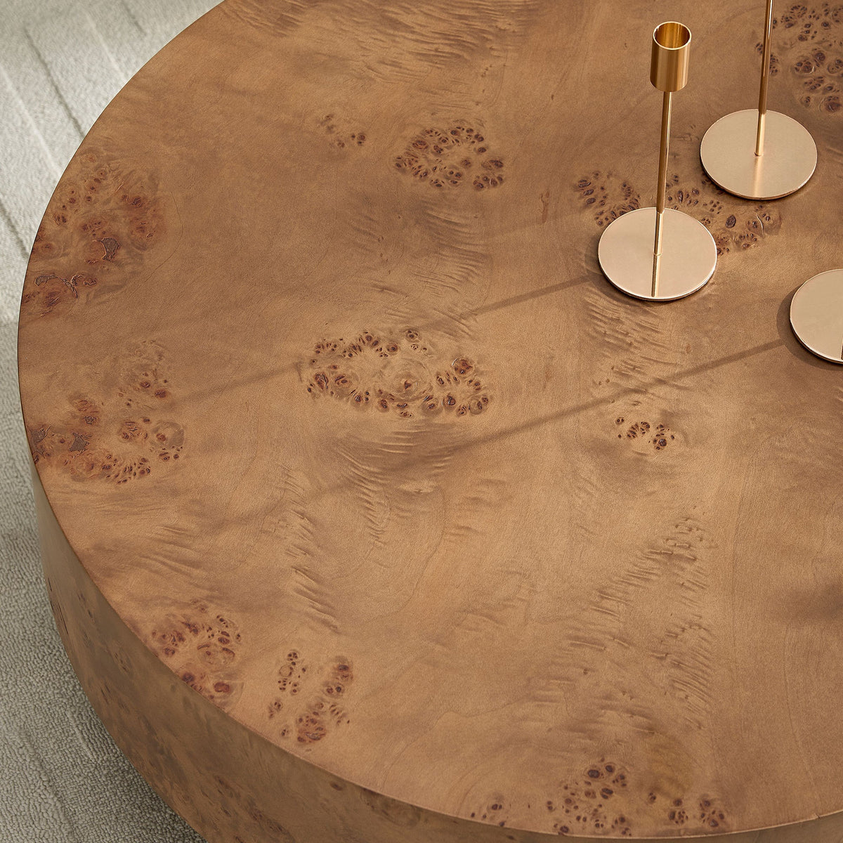 Walnut Burl Wood Veneer Round Coffee Table with Pedestal Base - Walnut