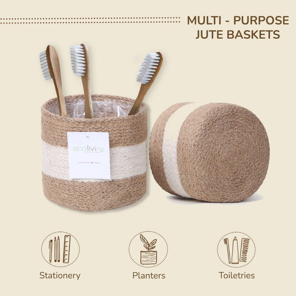 Jute Planter Basket Sustainable Woven Rope Covers for Decorating Indoor Outdoor Plants Pots 6.5x6.5x6 Inches Ideal Size for 6  Planter Multi Purpose Storage Set of 4 White & Natural Jute