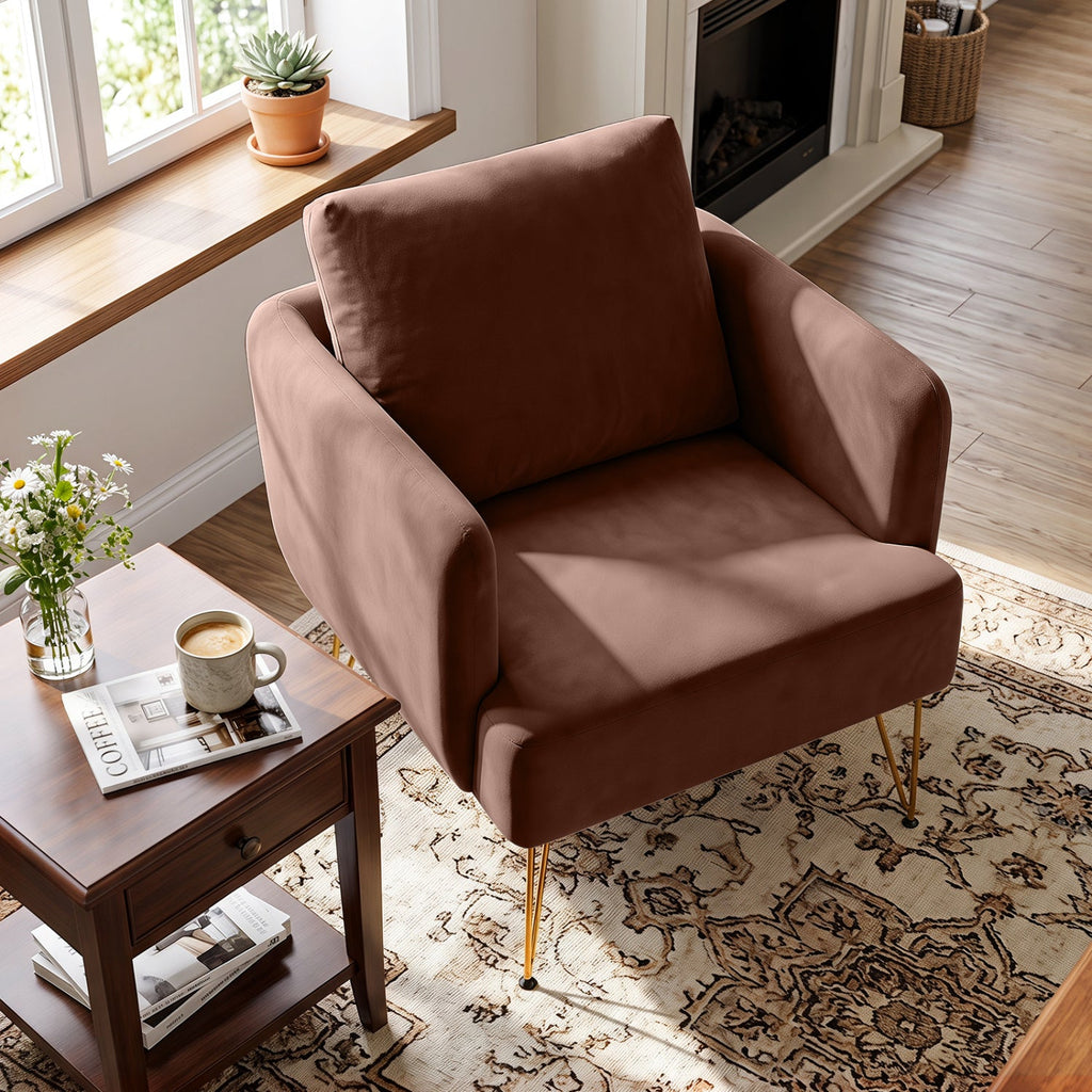 Velvet Accent Chair with Back Cushion and Golden Metal Legs