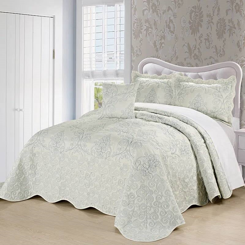 King size Antique White Damask Embroidered 4 Piece Oversized Bedspread Set