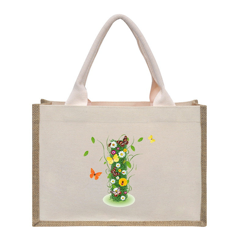 Cotton and linen canvas tote bag, printed letter tote bag, portable light handbag, gift shopping bag