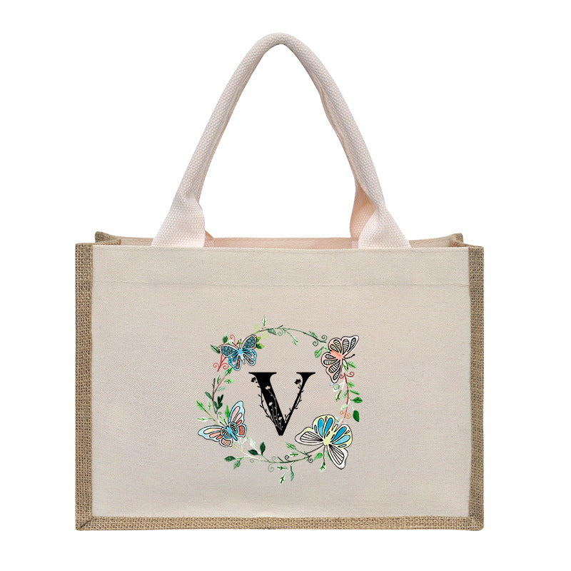 Cotton and linen canvas tote bag, printed letter tote bag, portable light handbag, gift shopping bag