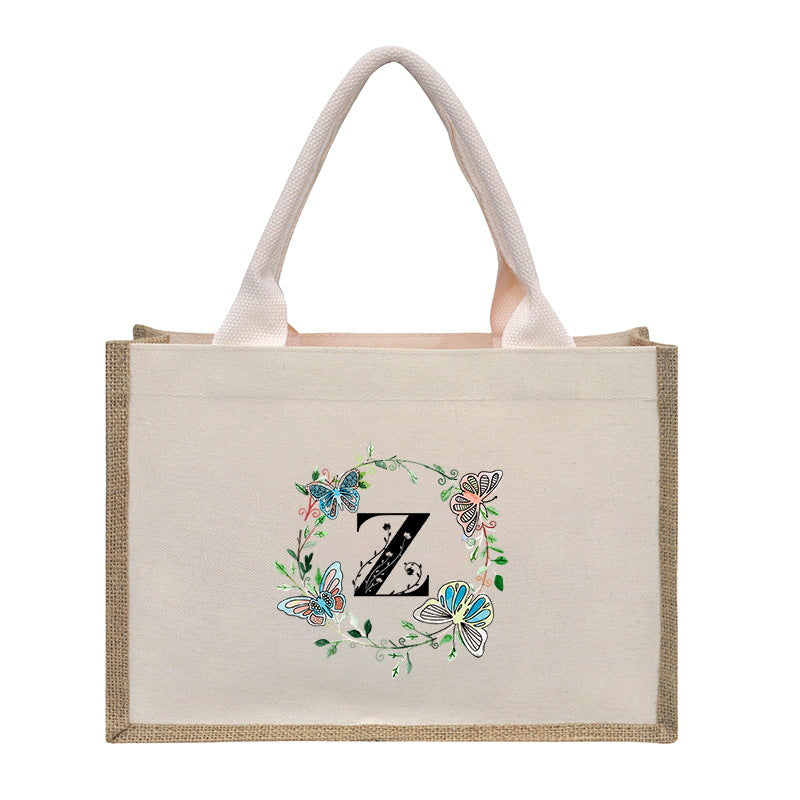 Cotton and linen canvas tote bag, printed letter tote bag, portable light handbag, gift shopping bag