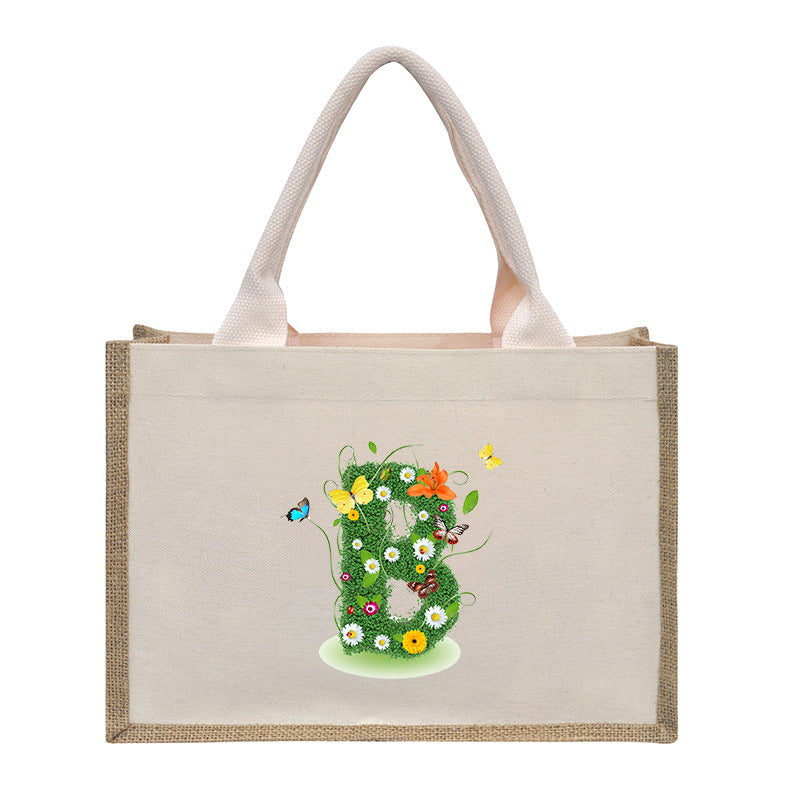 Cotton and linen canvas tote bag, printed letter tote bag, portable light handbag, gift shopping bag