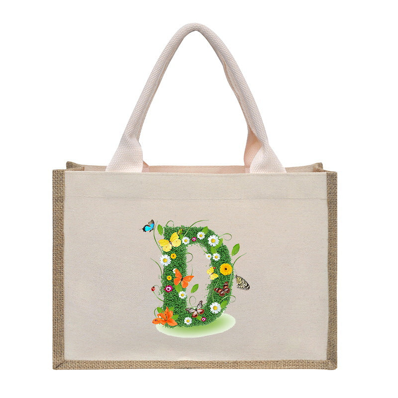 Cotton and linen canvas tote bag, printed letter tote bag, portable light handbag, gift shopping bag