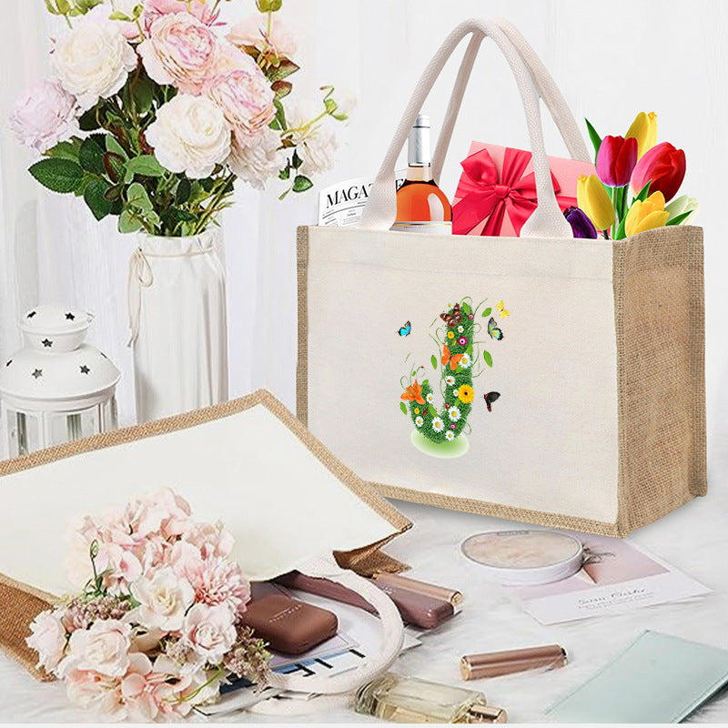Cotton and linen canvas tote bag, printed letter tote bag, portable light handbag, gift shopping bag