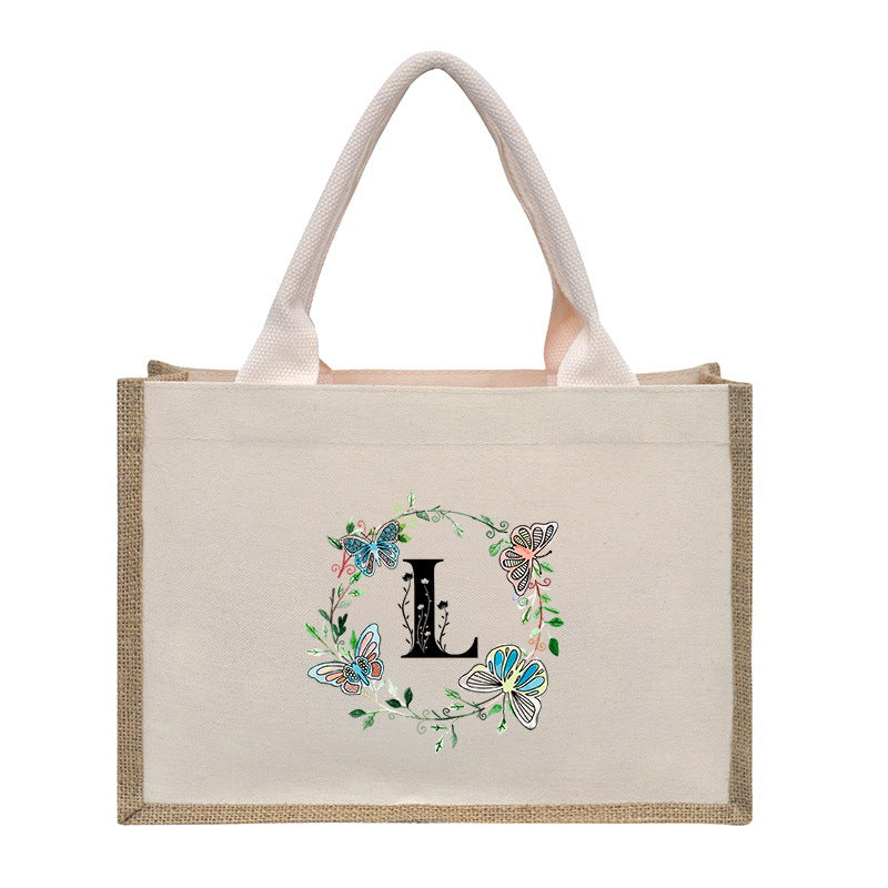 Cotton and linen canvas tote bag, printed letter tote bag, portable light handbag, gift shopping bag