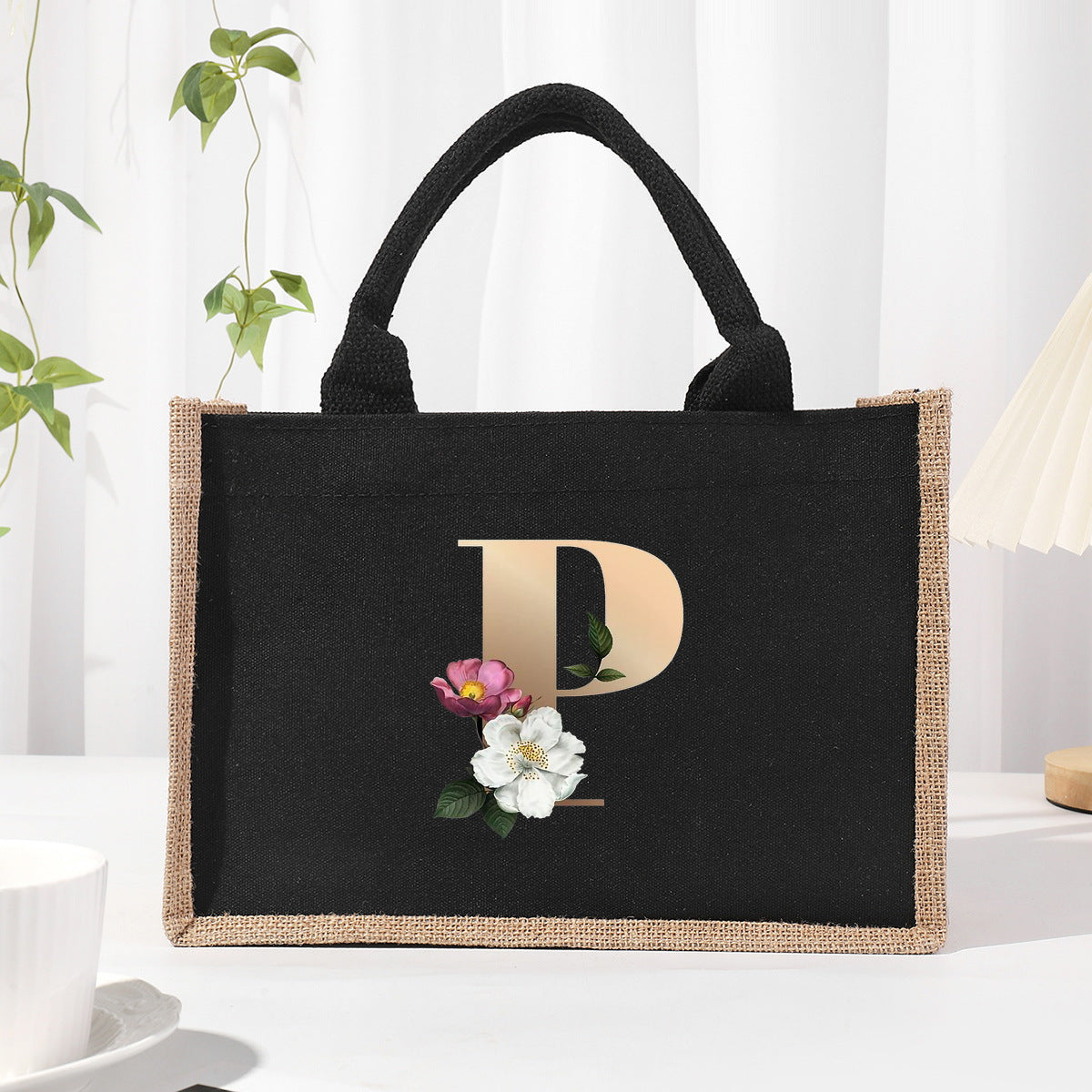 Cotton and linen canvas tote bag, printed letter tote bag, portable light handbag, gift shopping bag