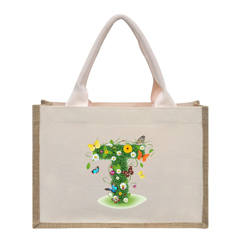 Cotton and linen canvas tote bag, printed letter tote bag, portable light handbag, gift shopping bag