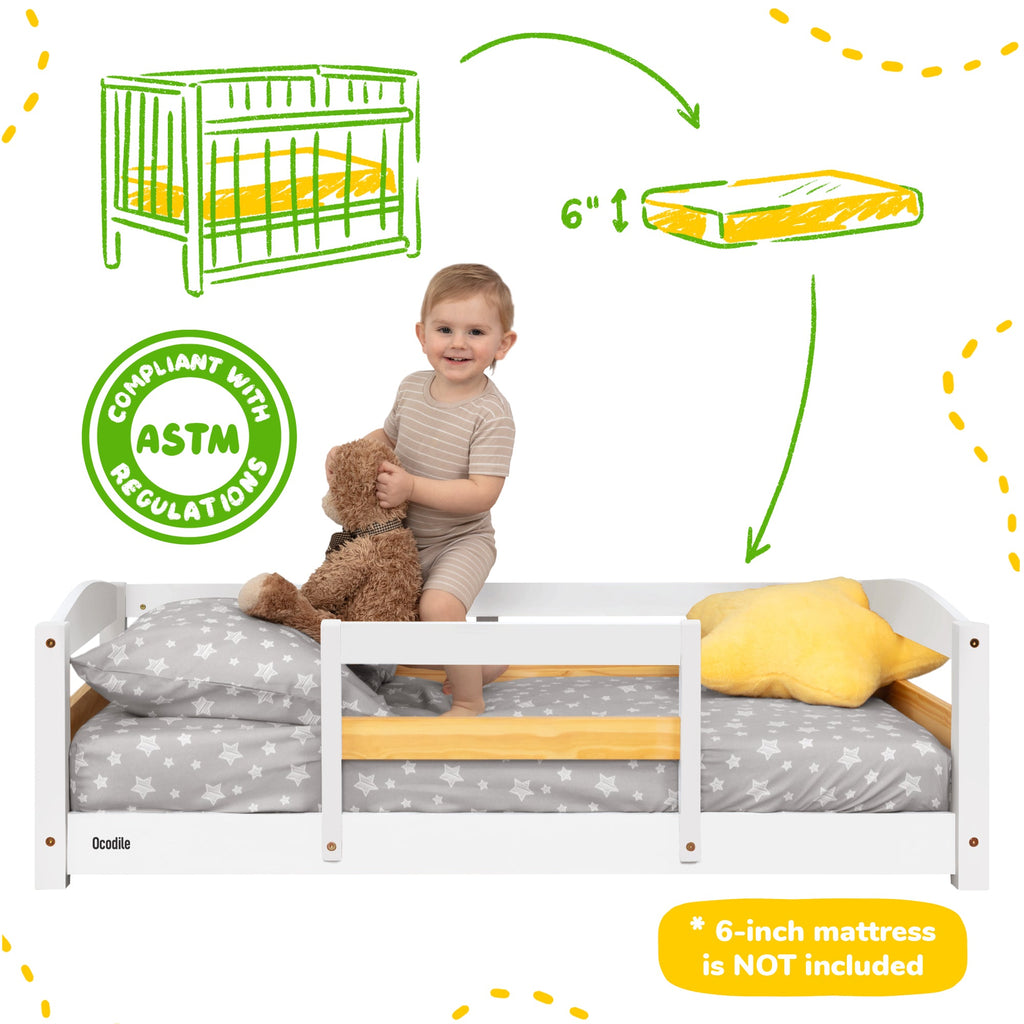 Toddler Floor Bed with Safety Rails for Kids Age 1–3 (Crib Size)