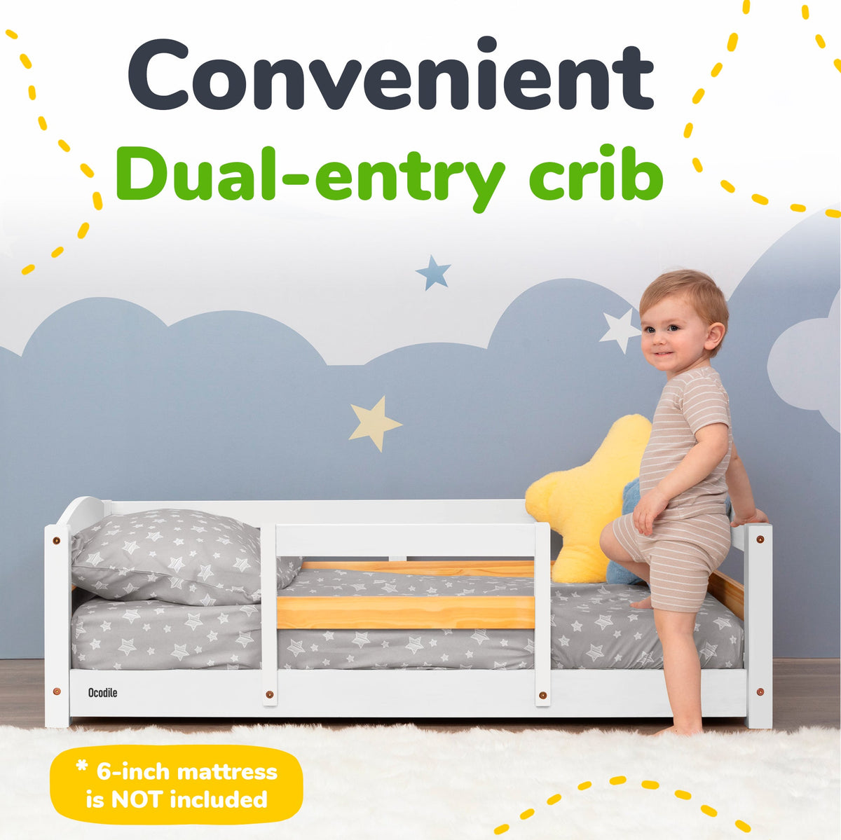 Toddler Floor Bed with Safety Rails for Kids Age 1–3 (Crib Size)
