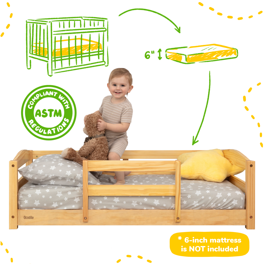 Toddler Floor Bed with Safety Rails for Kids Age 1–3 (Crib Size)