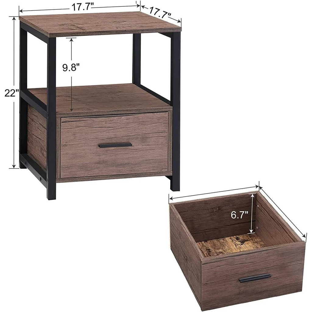 Set of 2 - Modern Metal Wood Side End Table Nightstand with Storage Drawer
