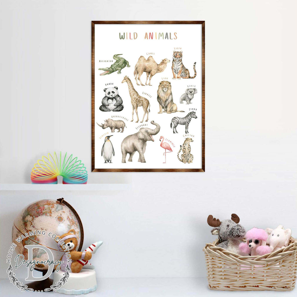 Wild Animals Kids Room Decor - Montessori Wooden Poster - Homeschool I Educational Poster - Classroom Decor - Playroom Art - 310219