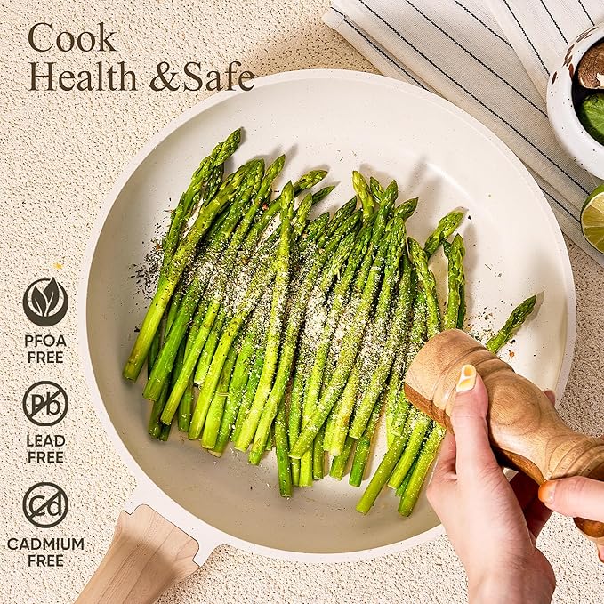 CAROTE 21Pcs Pots and Pans Set, Nonstick Cookware Sets, White Granite Induction Cookware Non Stick Cooking Set w/Frying Pans & Saucepans(PFOS, PFOA Free)