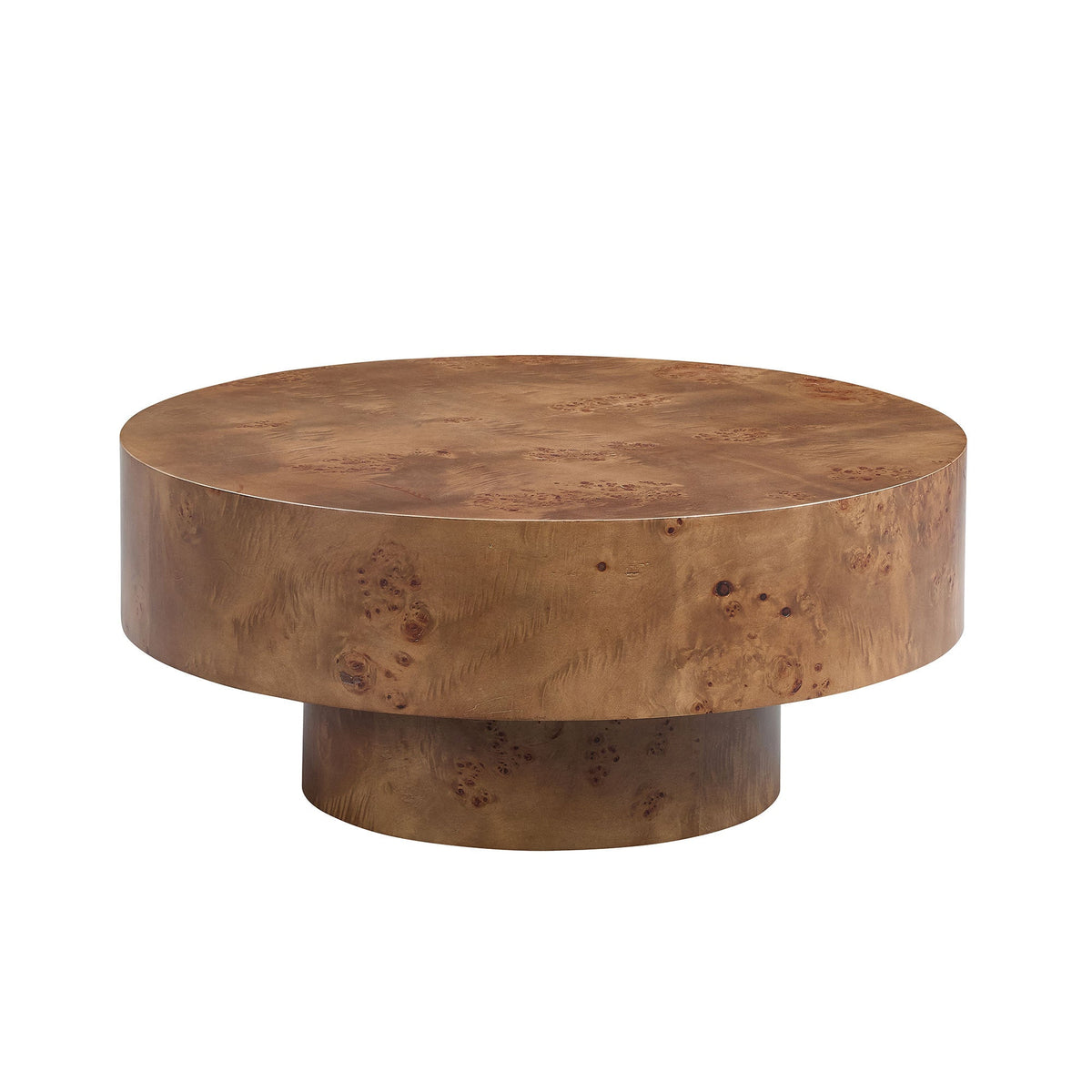 Walnut Burl Wood Veneer Round Coffee Table with Pedestal Base - Walnut