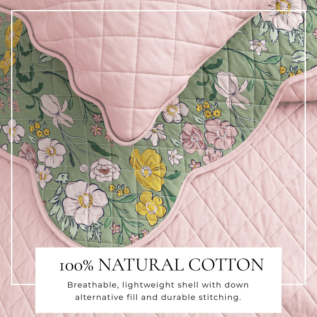 Floral Print & Scalloped Cotton Quilt Set - Gwen Collection