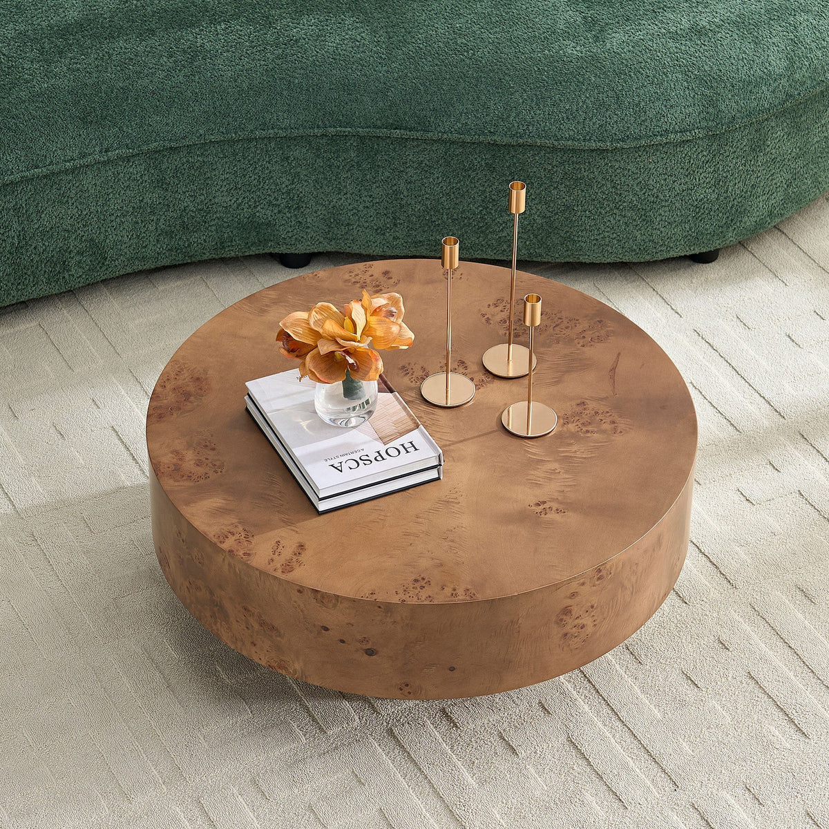 Walnut Burl Wood Veneer Round Coffee Table with Pedestal Base - Walnut