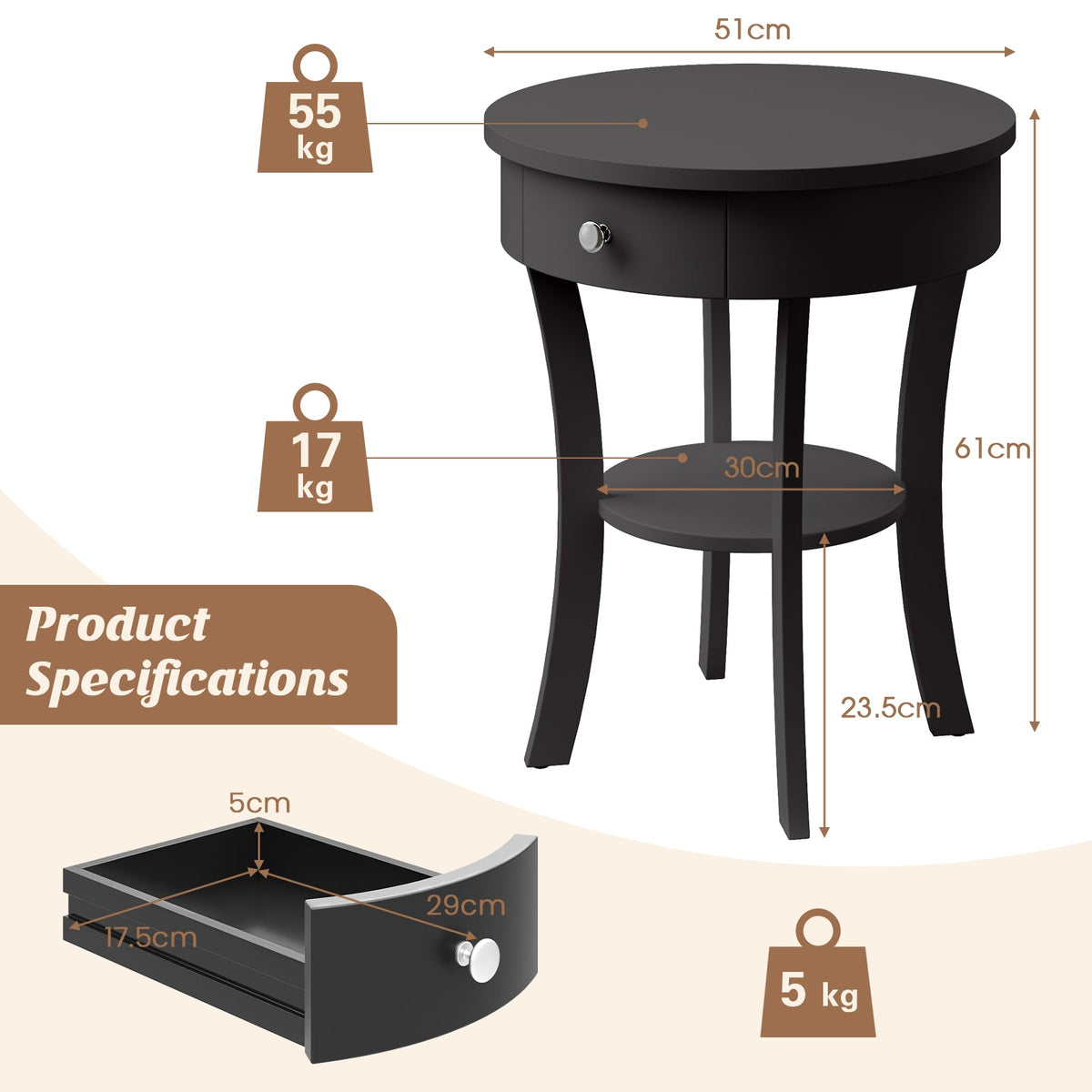 2-Tier Wood Round End Table with Open Drawer-Black