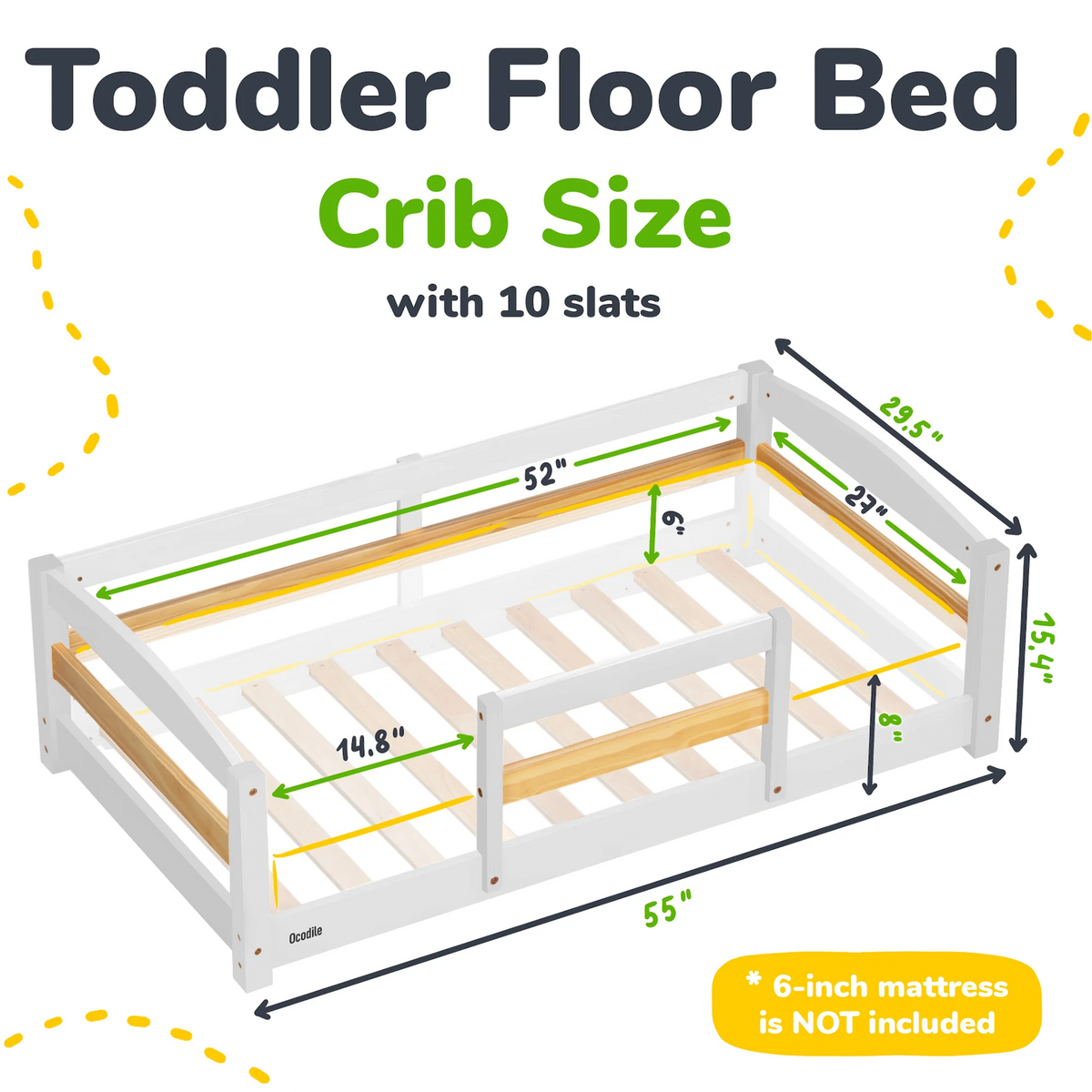 Toddler Floor Bed with Safety Rails for Kids Age 1–3 (Crib Size)